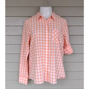 Patagonia Womens Shirt Orange White Check Long Roll Button Up Tab Sleeve Size 12